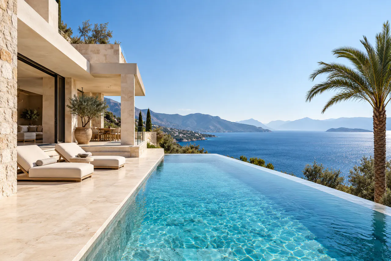 A villa terrace with an infinity pool overlooking the sea